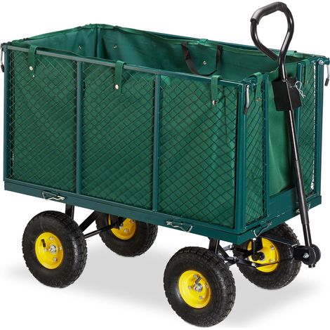 Relaxdays Garden Hand Cart, Large Trailer with Folding Side Panels, Removable Tarp with Handles, Up to 500 kg, Green (1/5)