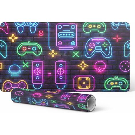 Alfombrilla protectora de escritorio con gr谩ficos de mandos de videojuegos ne贸n, 100x50 cm.