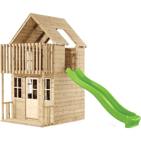Tp Toys – Cabane de jardin pour enfant en bois traité autoclave – Dimensions L.327 x l.161 x H.248 cm – Toboggan 2,5m – 2 étages avec terrasse