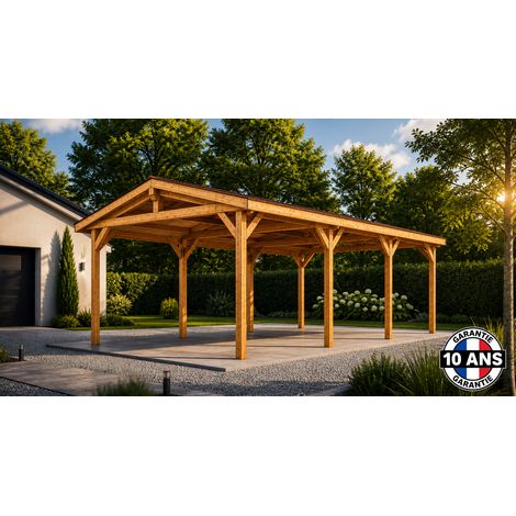 Carport bois 2 pentes en bois douglas 44 m², 8 poteaux. Avec pieds de poteaux réglables. Abri voiture extérieur. Garantie 10 ans. (1/5)