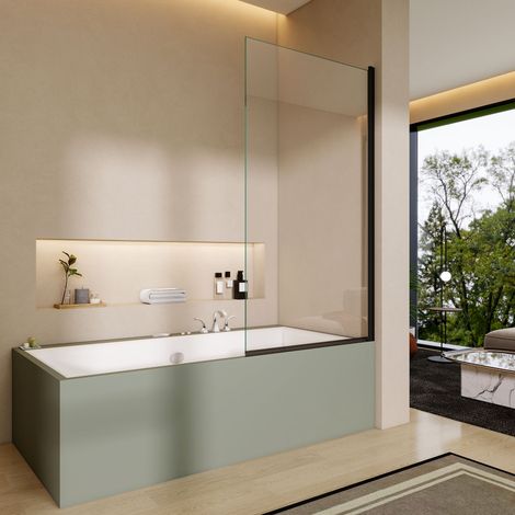 800x1400mm Matt Black Pivot Bath Shower Screen, Square 6mm Safety Glass Panel,180 Degree Reversible (1/5)