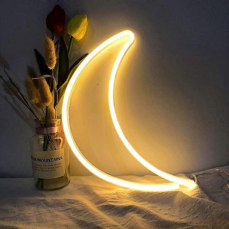 Décoration murale néon Lune blanc chaud, lampe veilleuse alimentée par piles USB. (1/5)