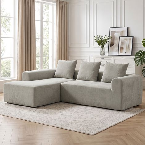 Canapé d'angle convertible 3 places en tissu velours côtelé, méridienne gauche ou droite, 242 cm, gris clair, assise spacieuse, accoudoirs épais, usage salon moderne (1/5)