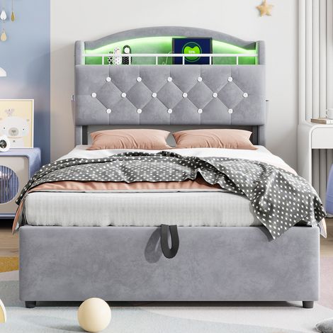 Lit Capitonné 90x200cm - Avec LED, USB-C & Rangement Pneumatique - Pour Enfant, Chambre -Gris (1/5)
