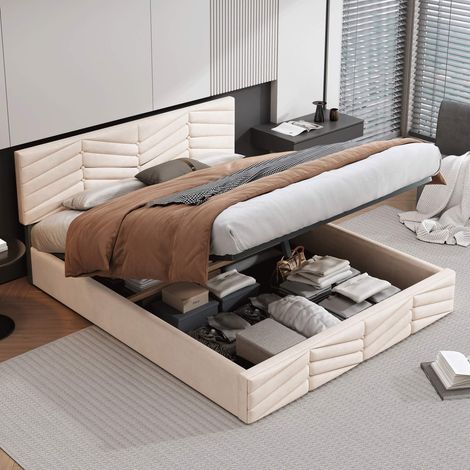 Lit double rembourré 140x200 cm en velours beige avec sommier à lattes inclus, sans matelas, tête de lit réglable en hauteur, cadre de lit moderne (1/5)