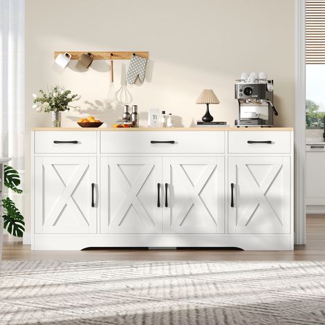 Buffet Industriel 160cm - 3 Tiroirs & 4 Portes Décor X - Pour Salon, Couloir, Bureau - Blanc/Bois Naturel (1/5)