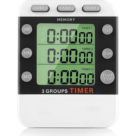HONORNIC - Minuteur à 3 canaux avec compte à rebours/avance rapide, triple minuteur de cuisson, écran d'affichage, alarme à volume élevé.