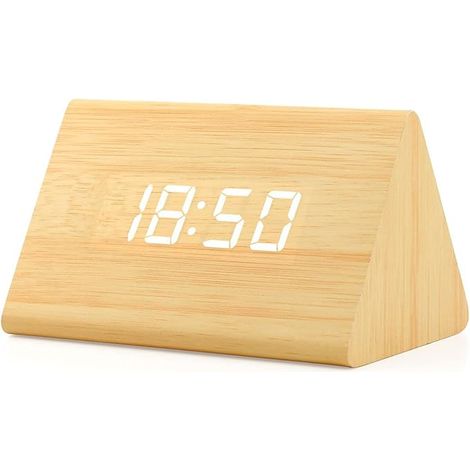 Réveil numérique à LED avec affichage de l'heure, de la date, de la température et du calendrier - Bois de bambou, lumière blanche (1/4)
