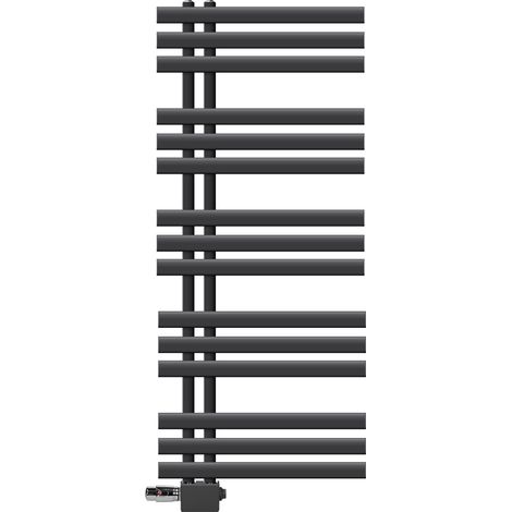LuxeBath Badheizkörper Iron EM 500x1200mm Anthrazit Seitenanschluss Anschlussgarnitur Thermostat Universal Eck- und Durchgangsform, Design Heizkörper Handtuchwärmer Handtuchtrockner Handtuchheizkörper