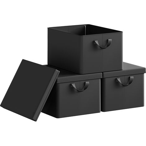 Lot de 3 Boîte de Rangement WOLTU, 43x33x26 cm, avec Couvercle, Coffre de Rangement en Tissu non Tissé, Pliable, Noir
