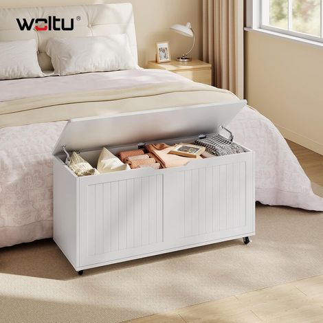 WOLTU Cassapanca Pouf Panca Ruote e 2 Cerniere di Sicurezza Contenitore da Interno Panca Fondo letto per Soggiorno,Bianco