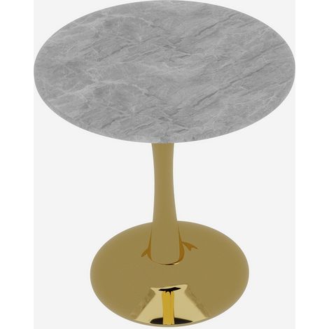 Table basse dorée de 27.6-inch, table à manger de style moderne du milieu du siècle, pour 2 à 4 personnes, avec plateau rond en marbre à veinage gris clair, idéale pour divers espaces. (1/5)