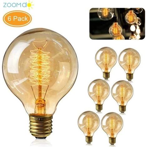 Zoomdo Ampoule Edison E27, Ampoule E27 Vintage Globe Lampe Filament Rétro Ampoules G80 40W 220V Blanc Chaud (6 Pack) (1/4)