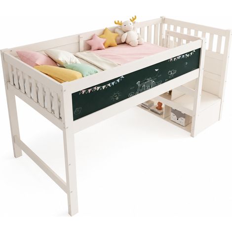 Lit mezzanine enfant 90 x 200 cm avec rangement, escalier réversible et tableau noir/blanc, sécurité EN 747-1/-2:2024, blanc, pour chambre ludique - CHICFURN (1/5)