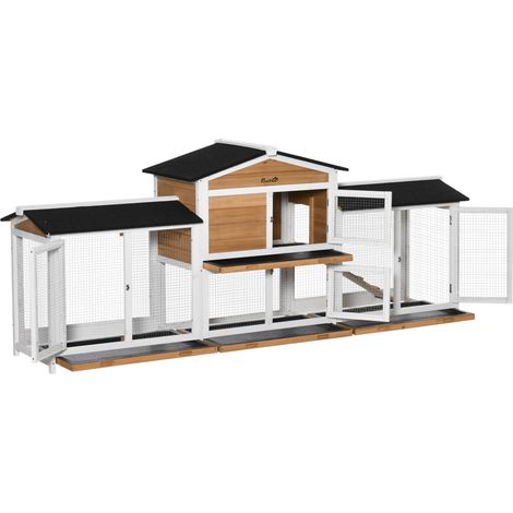 PawHut Kleintierstall Zwergkaninchenstall mit Auslauf Rampe Meerschweinchenstall Kleintierkäfig mit Asphaltdach Zwergkaninchenkäfige für draußen winterfest Tannenholz Weiß 230 x 53 x 93,5 cm (1/5)
