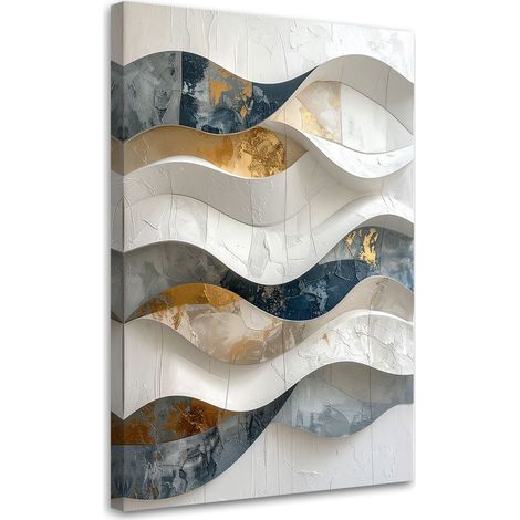 Cuadro sobre Lienzo, Abstracción geométrica ondas en blanco beige y dorado, 20x30 (1/5)