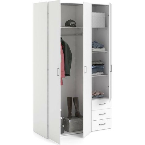 Dmora Armadio guardaroba a tre ante e tre cassetti, colore bianco, Misure 115 x 200 x 49 cm, con imballo rinforzato