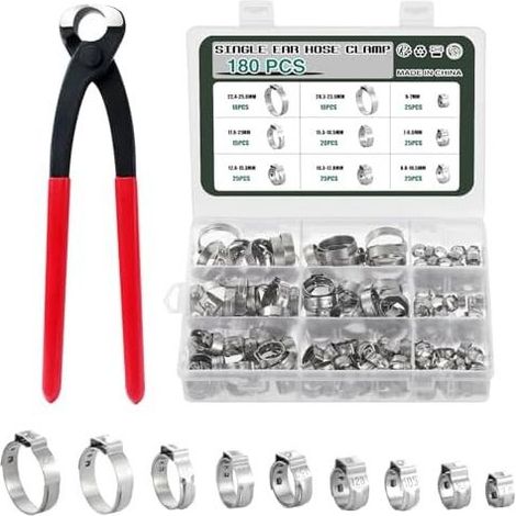 180 Pcs Colliers de Serrage à Oreille Unique.Acier Inoxydable 304.9 Tailles avec Anneaux 6-25.6mm.Colliers Simples.Collier Sertir Sans Palier 9 Sizes - (1/5)