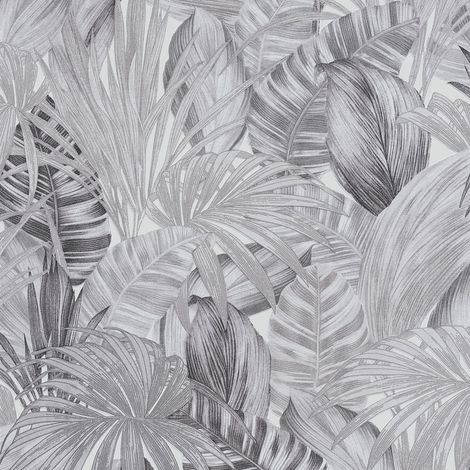 Papel pintado naturaleza Profhome 368203 papel pintado no tejido ligeramente texturado con dibujo de jungla brillante negro blanco gris 5,33 m2