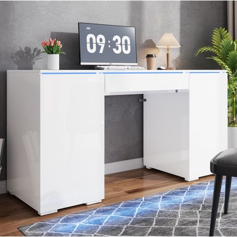 Bureau 140x50x78 cm en panneaux de bois blanc, avec rangement et LED pour bureau FloraGrace (1/5)