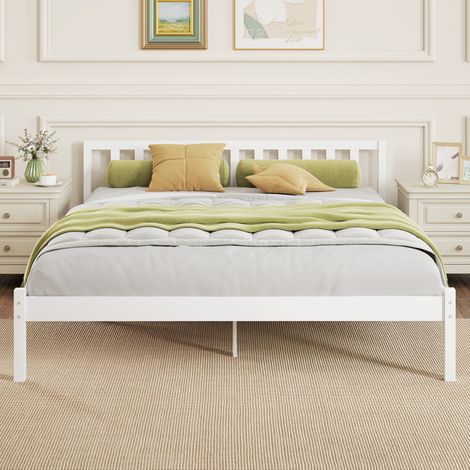 Cadre de lit pour enfants adultes à lattes solide avec tête de lit et sommier en bois massif lit simple 160x200cm style élégant