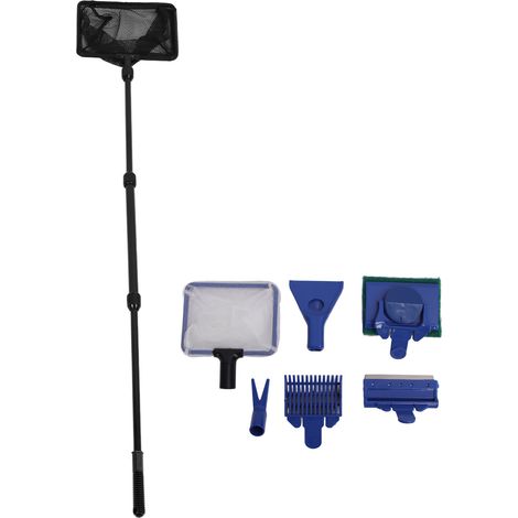 Kit de nettoyage pour aquarium multifonctionnel et efficace : râteau à gravier, grattoir à algues, fourche à plantes, brosse éponge, épuisette. Outil de nettoyage 5 en 1 pour aquarium. (1/5)