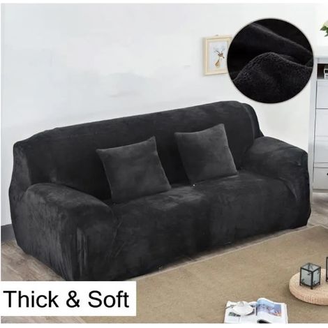 Housse de Canapé - Velours 3 Places - Élastique - Noir - 190-230cm (1/3)