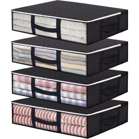 Set of 4 Foldable Storage Bags (40L) with Viewing Window and Reinforced Handles, Zippered Organizer for Duvets, Blankets and Bedding, Black (1/5)