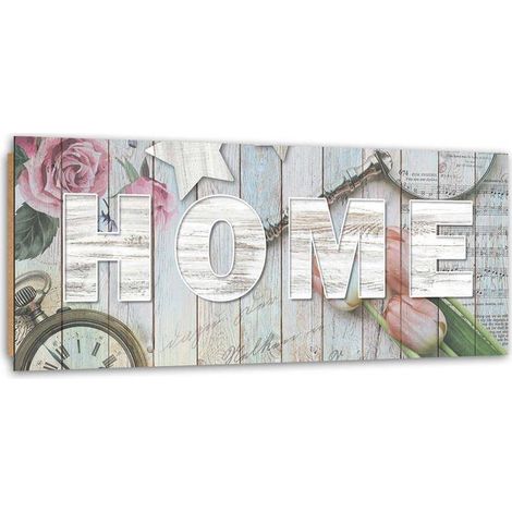Quadro deco panel 5 parti, Iscrizione domestica in legno grigio e fiori - 200x100 (1/5)