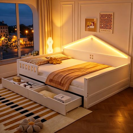 Lit banquette enfant 140x200 cm avec LED,2 tiroirs de rangement,sommier à lattes,style cabane,structure bois blanc (1/5)