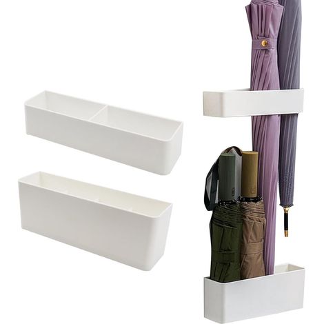 Porte-parapluies 2 en 1 - Fixation murale - Porte-parapluies double couche - Support pour parapluies - Velcro - Fixation murale - Sans perçage - Gain de place - Amovible - Blanc (1/5)