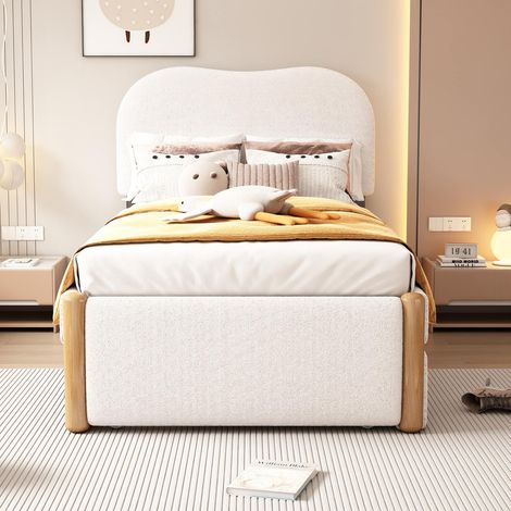 Lit capitonné 90×200 cm blanc avec lit gigogne extensible – lit rembourré design minimaliste (1/5)