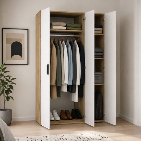 Armario 3 Puertas Vestidor, Ropero Dormitorio con Perchero, 4 Estantes, 111x52 cm, Roble Marrón (1/4)