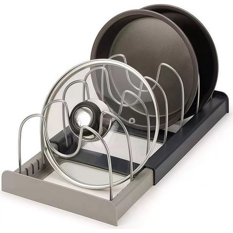 Portacoperchi regolabile per mobili da cucina, ideale per riporre coperchi, ciotole, taglieri, piatti e stoviglie, in armadi, cassetti, piani di lavoro e lavelli. (1/5)