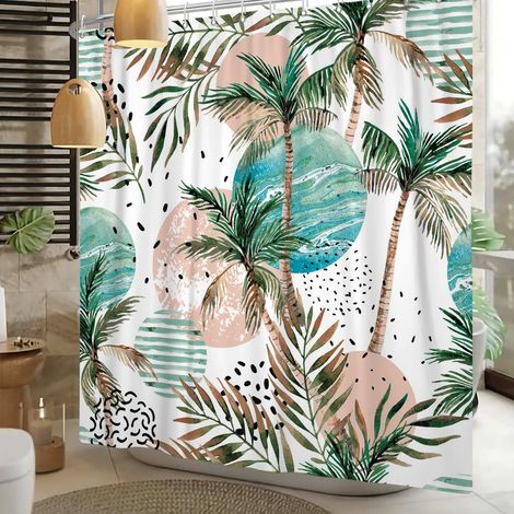 Arbres à Noix de Coco Rideau de Douche Noix de Coco Verte Rideau de Douche Bleu Plage Rideau de Douche Aquarelle cocotier Plage été Bord de mer Tissu résistant à la moisissure 150x180cm (1/4)