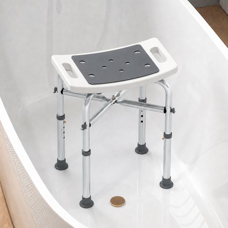 Tabouret de douche chaise de douche - assise rembourré et réglable, patins à ventouses antidérapants, en aluminium gris (1/5)
