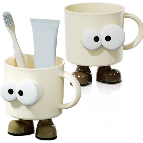 Lntyq Gobelet Brosse à Dent Enfant,2 Pièces Dessin Animé Grands Yeux Pot Brosse a Dent, Gobelet Salle de Bain avec Poignée Stable,Pour la Maison et Les Voyages, Blanc, matériau ABS, 10.88.8cm