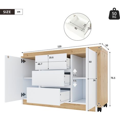 Bureau pliable à roulettes verrouillables, design polyvalent, plateau pivotant épais de 4 cm, blanc et chêne, bureau d'angle avec rangement, meuble buffet robuste, surface stable. (1/5)