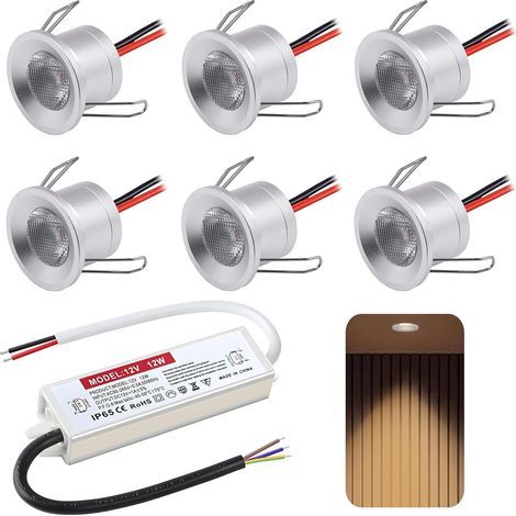 Set of 6 Recessed Spotlights, 2W 12V IP65, Mini Extra Flat LED 19mm, 25-28mm Hole, Kitchen Bathroom (1/5)