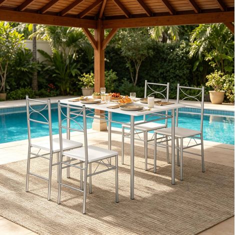 Conjunto de mesa de comedor con 4 sillas de MDF y metal blanco y plateado 110 x 70 x 76 cm OKWISH (1/4)