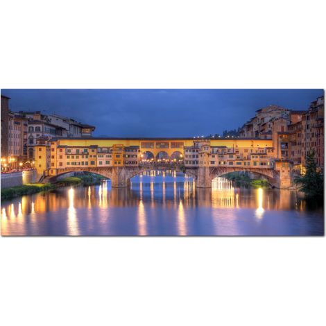 Lupia - Quadro moderno su Tela Canvas DEEP 65X143 cm, con paesaggi e localismi italiani, per casa, soggiorno, capezzale camera da letto, hotel, ufficio, FIRENZE - PONTE VECCHIO TWILIGHT (1/4)