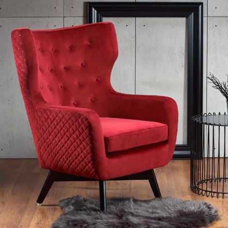 Fauteuil en velours rouge avec dossier haut et pieds noirs en bois massif Sussex (1/5)