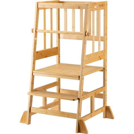 Wiltec Torre di apprendimento per bambini 57 x 46 x 90 cm in bambù, torretta con ringhiera, sgabello per bambini con barra di protezione