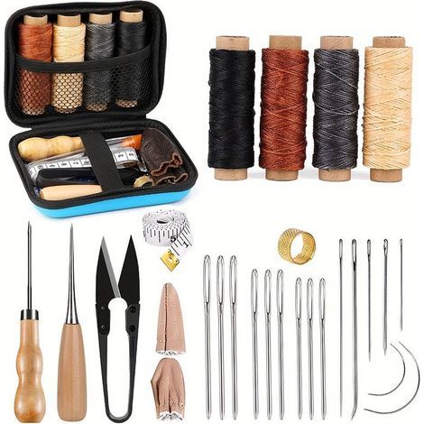 Ledernähset, Lederbearbeitungswerkzeuge und -zubehör, Lederbearbeitungsset mit großen Nähnadeln, gewachstem Garn, Lederpolsterreparaturset, Ledernähwerkzeuge für DIY-Lederprojekte