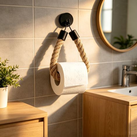 Toilet Paper Holder Matte Black No Drilling Vintage Natural Fiber Uncolored Hemp Rope Bathroom Decoration (No Drilling) (1/4)