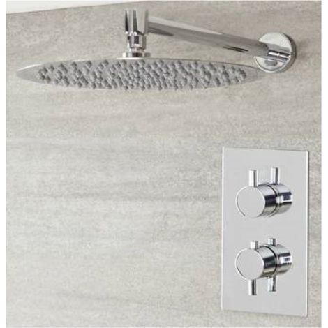 Milano Mirage 1 Outlet Twin Thermostatic Mixer Shower Valve with Wall Mounted 200mm Round Rainfall Shower Head - Chrome (1/5)