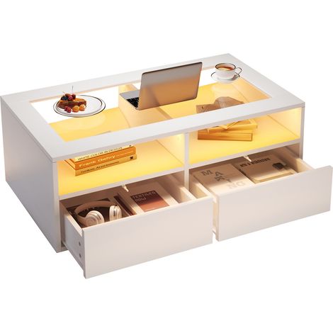 1005035cm Table basse avec éclairage LED, table basse avec 2 tiroirs, table de salon en verre, table à thé à double niveau, espace de rangement ouvert, table d'appoint pour salon, blanc (1/5)