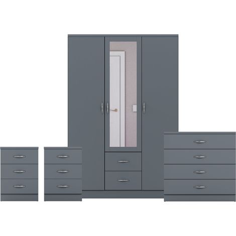 Riano 4 Piece Bedroom Set (3 Drw Bedside Chest, 4 Drw Chest, 3 Dr 2 Drw Mirrored Wardrobe), Grey (1/3)