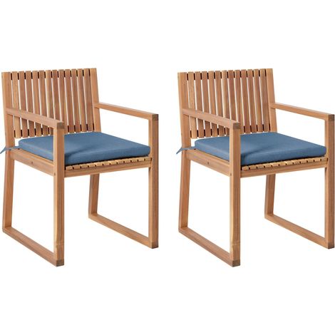 Set of 2 Garden Dining Chairs with Cushions Brown Blue Acacia Wood Fabric Rustic Style SASSARI PREMIUM