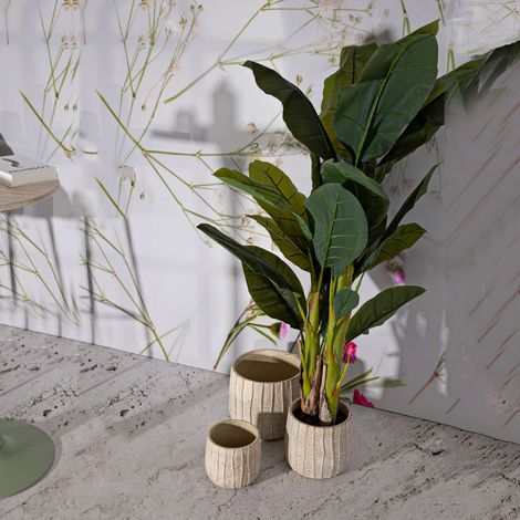 Vaso Bava, Textura Vertical Efecto Madera, Diámetro Gran Vaso: 26.5, Vaso Mediano: 20.5, Vaso Pequeño: 16.5 cm, Beige